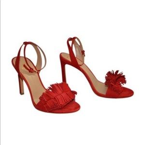 Red suede fringe toe heels from Banana Republic